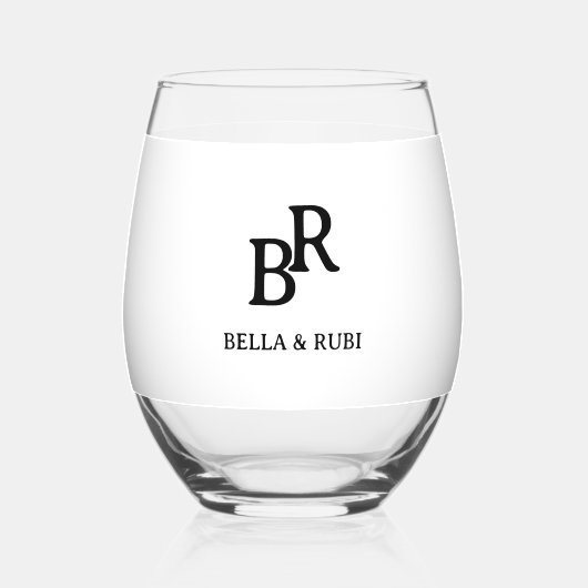 Elegant Minimal Wedding Monogram Stemless Wine Gla Wijnglas Zonder Voet (Voorkant)