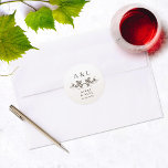 Elegant Minimal White Black Monogram Wedding Crest Ronde Sticker<br><div class="desc">This elegant minimal black and white monogram wedding crest sticker embodies timeless sophistication, making it an ideal choice for a classic and elegant wedding theme. Its refined design features a minimalist aesthetic, with a touch of rustic charm through the depiction of wine leaves, adding a subtle yet sophisticated nod to...</div>