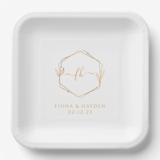 Elegant Minimal White Gold Monogrammed Wedding Papieren Bordje (Voorkant)