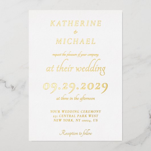 Elegant Minimal White Wedding Gold Folie Uitnodiging (Voorkant)