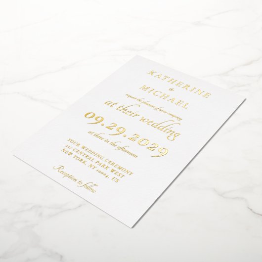 Elegant Minimal White Wedding Gold Folie Uitnodiging (Gedraaid)
