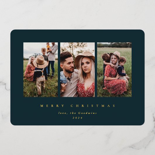 Elegant minimale donkergroene Lijst Triple-foto Folie Feestdagenkaart (Voorkant)