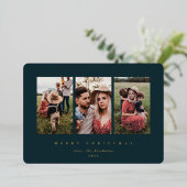 Elegant minimale donkergroene Lijst Triple-foto Folie Feestdagenkaart (Staand Voorkant)