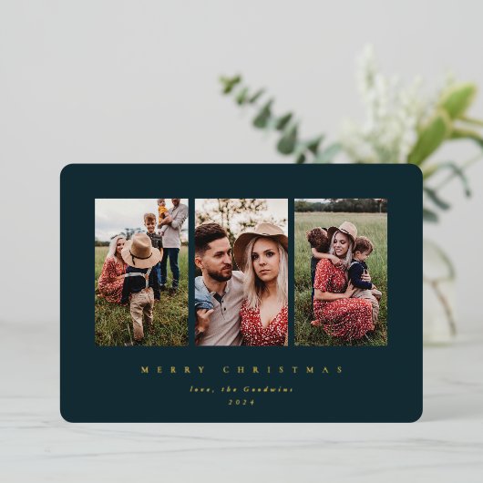 Elegant minimale donkergroene Lijst Triple-foto Folie Feestdagenkaart (Staand Voorkant)