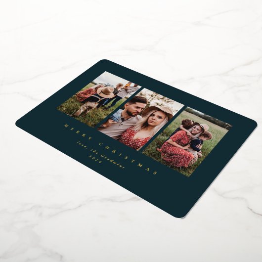 Elegant minimale donkergroene Lijst Triple-foto Folie Feestdagenkaart (Gedraaid)