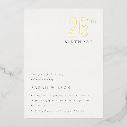 Elegant minimale goudolie elke dag van de leeftijd folie uitnodiging (Voorkant)