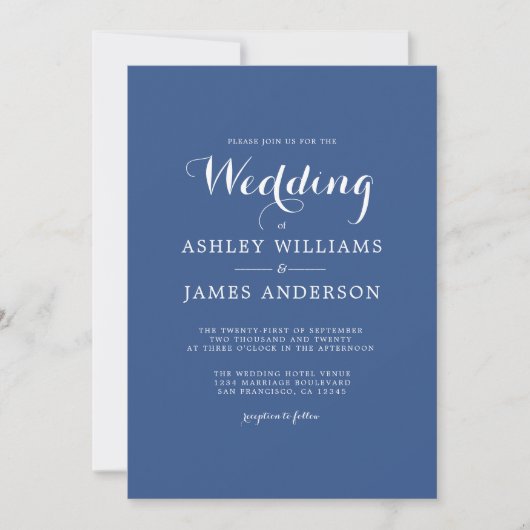 Elegant Minimale Klassic Blue Wedding Uitnodiging (Voorkant)