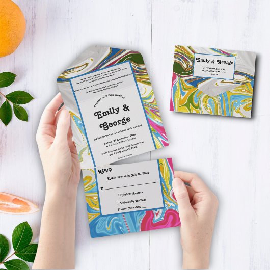 Elegant minimale kleurrijke Abstracte bruiloft All In One Uitnodiging