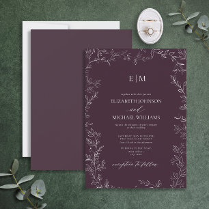 Elegant Minimale Leaf Plum Paars Monogram Weddensc Kaart