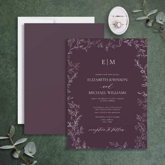 Elegant Minimale Leaf Plum Paars Monogram Weddensc Kaart