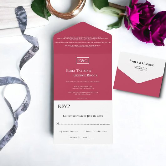 Elegant Minimale Magenta Monogram Modern Wedding All In One Uitnodiging