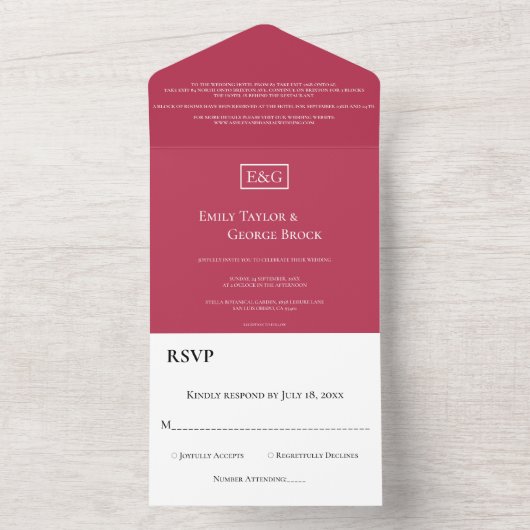 Elegant Minimale Magenta Monogram Modern Wedding All In One Uitnodiging (Binnen)