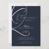 Elegant Minimale marine & Roze Manuscript Quinceañ Kaart (Voorkant)