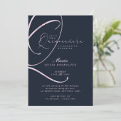 Elegant Minimale marine & Roze Manuscript Quinceañ Kaart (Staand voorkant)