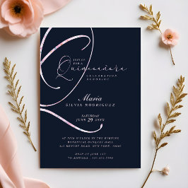 Elegant Minimale marine & Roze Manuscript Quinceañ Kaart