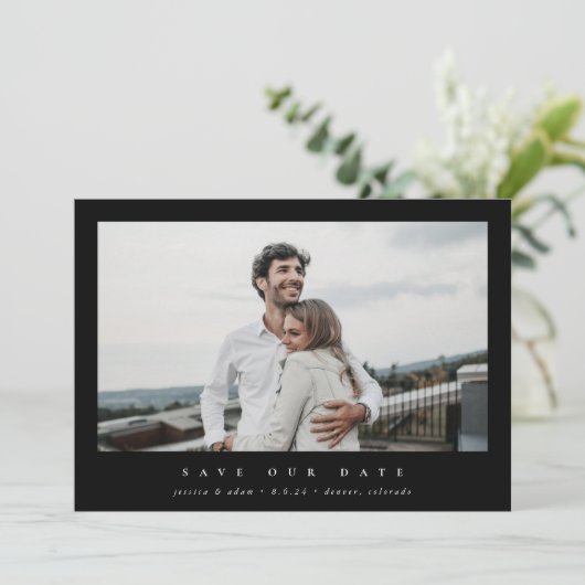 Elegant minimale, moderne centrale foto save the date (Staand voorkant)