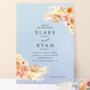 Elegant, minimale peach, blush Cream Blue Weddensc Kaart