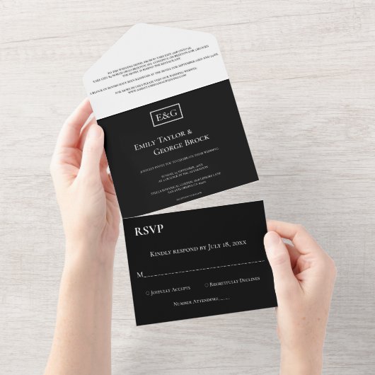 Elegant Minimale Zwart-witmonogram bruiloft All In One Uitnodiging (Afscheurbaar)