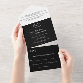 Elegant Minimale Zwart-witmonogram bruiloft All In One Uitnodiging