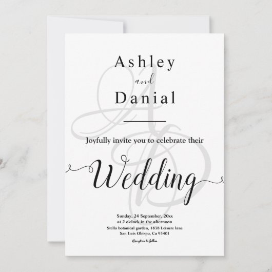 Elegant Minimale Zwart-witmonogram bruiloft Kaart (Voorkant)