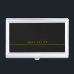 Elegant Minimale zwarte Gold Line-naam Visitekaarthouder<br><div class="desc">Modern en elegant zwart visitekaartje hoesje,  personaliseer het met jouw naam van keuze in goudbruin op zwarte achtergrond. Alle kleuren kunnen worden gewijzigd als u wilt. Meer overeenkomende objecten zijn beschikbaar in mijn winkel.</div>