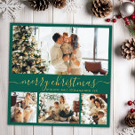 Elegant minimalist 4 Photo Collage Kerstholid Feestdagenkaart<br><div class="desc">Elegant Calligraphy Minimalist Blauwgroen Green and Gold 4 Photo Collage Merry Kerstmis Script Holiday Card. Deze festieve, imitalistische, grillige sjabloon met vier (4) fotovakantiekaarten is voorzien van een fotocollage en zegt "Vrolijk kerstfeest"! De tekst met de groet "Merry Kerstmis" is geschreven in een mooi handschrift met de opschrift Zwemel-staart lettertype...</div>