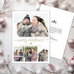 Elegant minimalist 4 Photo Collage Kerstholid Feestdagenkaart<br><div class="desc">Elegant, minimalistisch, modern Gold en White 4 Photo Collage Merry Kerstmis Script Holiday Card. Deze feestelijke, minimaal vier (4) fotovakantiekaart sjabloon is voorzien van een fotocollage, een klein doedelhart en zegt Merry Kerstmis! De tekst van de groet "Merry Kerstmis" is geschreven in een prachtig gouden handgeschreven typografie swash-tail lettertype op...</div>