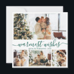 Elegant minimalist 4 Photo Collage Kerstholid Feestdagenkaart<br><div class="desc">Elegant Calligraphy Minimalist Green and White 4 Photo Collage "Warmest Wishes" Script Kerstfeestdag kaart. Deze festieve, imitalistische, grillige sjabloon met vier (4) fotovakantiekaarten is voorzien van een fotocollage en zegt "Warmste wensen". De tekst is geschreven in een prachtig handgeschreven cursief, donkerachtig swash-tail lettertype. Aan de achterkant met de sjabloon van...</div>