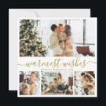 Elegant minimalist 4 Photo Collage Kerstmis Feestdagenkaart<br><div class="desc">Elegant Calligraphy Minimalist 4 Photo Collage Warmest Wint Script-kerstfeestkaart in gouden wit. Deze festieve, imitalistische, grillige sjabloon met vier (4) fotovakantiekaarten is voorzien van een fotocollage en zegt "Warmste wensen". De tekst is geschreven in een prachtig handgeschreven cursief, donkerachtig swash-tail lettertype. Aan de achterkant met de sjabloon van de groettekst...</div>