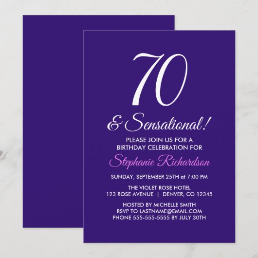 Elegant minimalist 70 en Sensational Paars Party Kaart (Voorkant / Achterkant)