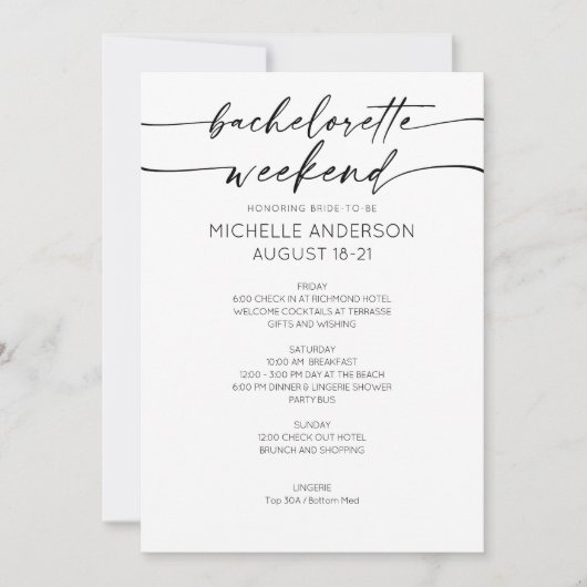 Elegant Minimalist Bachelorette Weekend Itinerary Kaart (Voorkant)
