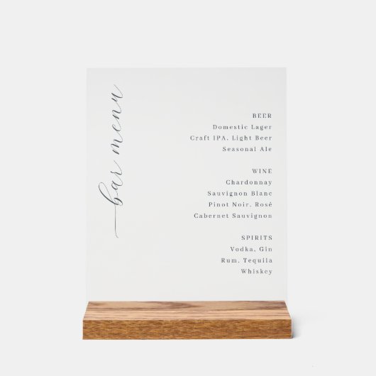 Elegant Minimalist Bar Menu Sign Acryl Bord (Voorkant)