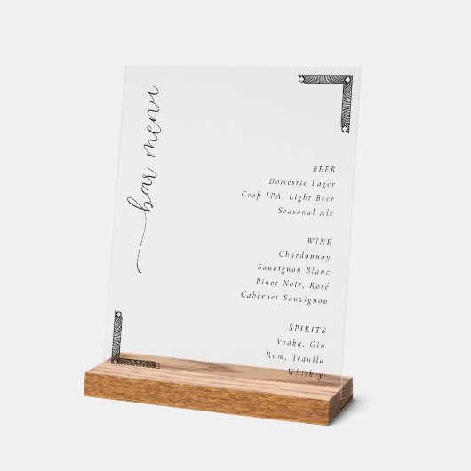 Elegant Minimalist Bar Menu Sign Acryl Bord (Hoek)