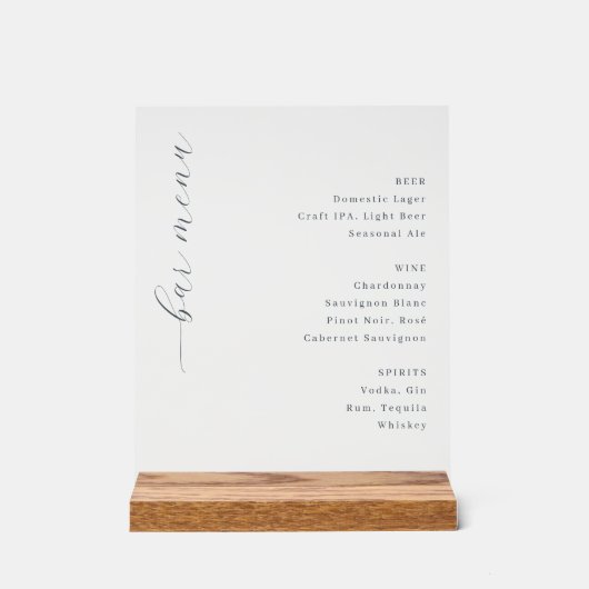 Elegant Minimalist Bar Menu Sign Acryl Bord (Voorkant)