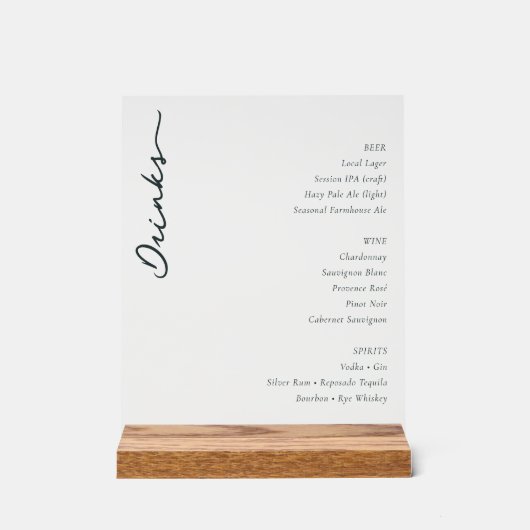 Elegant Minimalist Beverage Menu Acryl Bord (Voorkant)