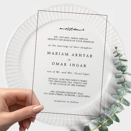 Elegant Minimalist Black and White Islamic Wedding Acryl Uitnodigingen
