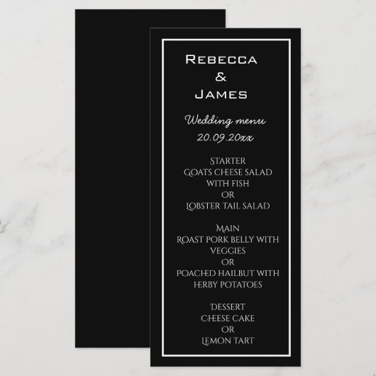 Elegant Minimalist Black Wedding Menu Card (Voorkant / Achterkant)