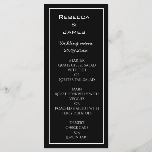 Elegant Minimalist Black Wedding Menu Card (Voorkant)