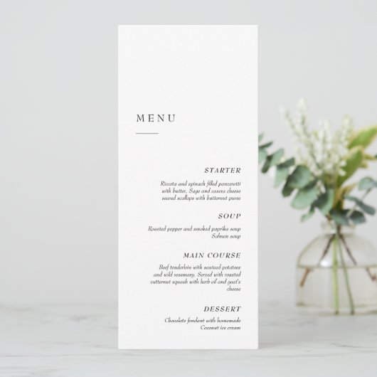 Elegant Minimalist Black & White | Dinner Wedding Menu (Staand voorkant)