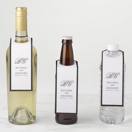 Elegant minimalist Black White Monogram Weddenscha Flessenhanger (In situ)