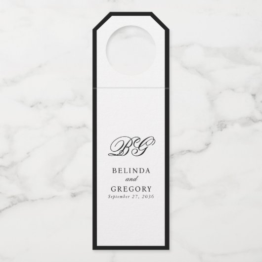 Elegant minimalist Black White Monogram Weddenscha Flessenhanger (Achterkant)