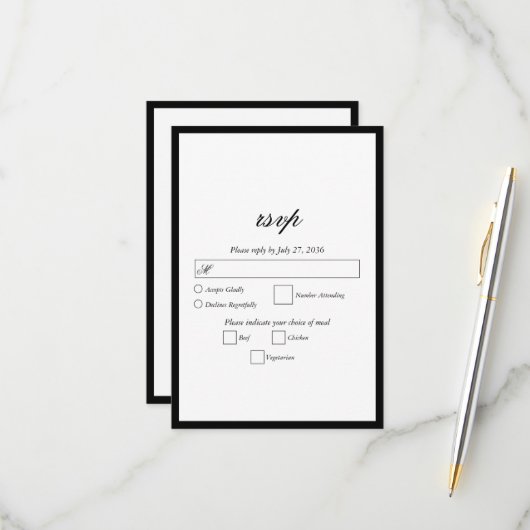 Elegant minimalist Black White Monogram Weddenscha RSVP Kaartje (Voorkant / Achterkant in situ)
