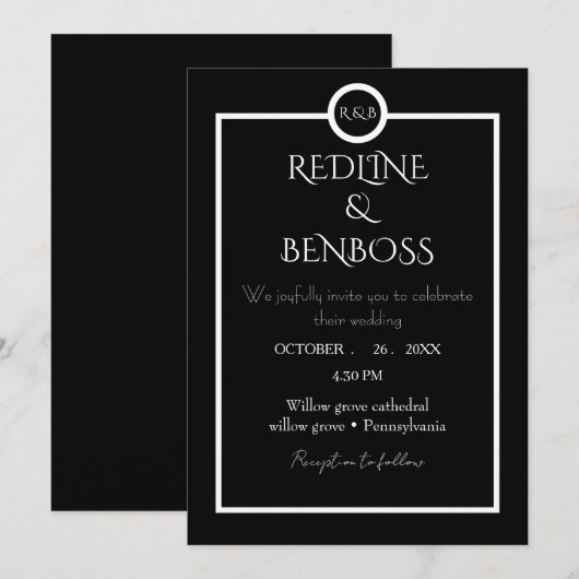 Elegant Minimalist  Black & White Wedding  Invitat Kaart (Voorkant / Achterkant)
