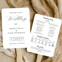 Elegant Minimalist Black White Wedding Program Fan