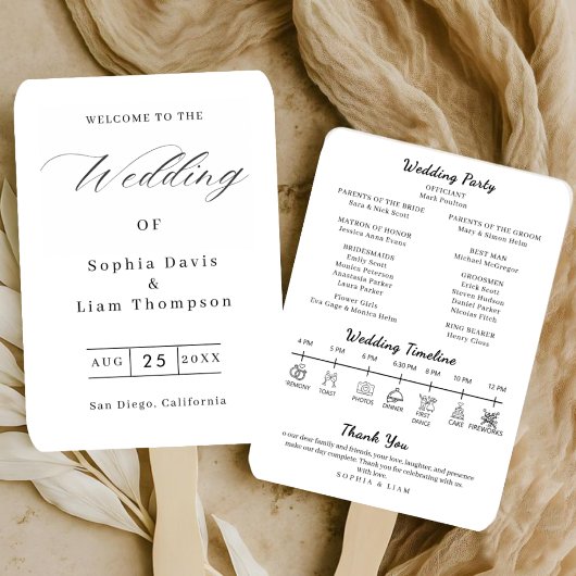 Elegant Minimalist Black White Wedding Program Fan Handwaaier