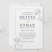 Elegant Minimalist Blue Floral Sketch Wedding  Kaart (Voorkant)