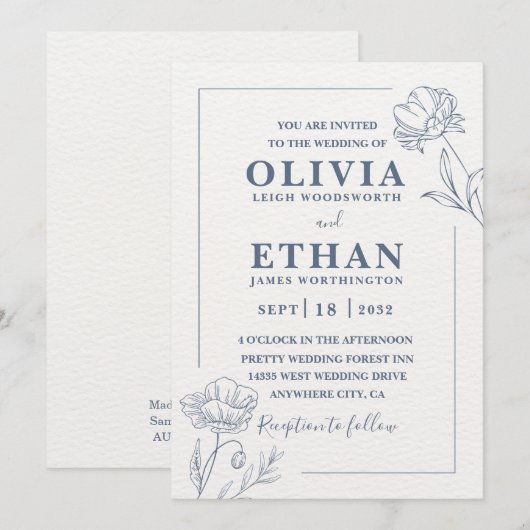 Elegant Minimalist Blue Floral Sketch Wedding  Kaart (Voorkant / Achterkant)