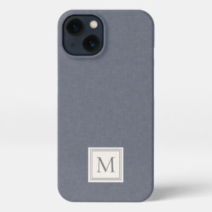 Elegant minimalist Blue Grey Faux Linen Monogram iPhone 13 Hoesje
