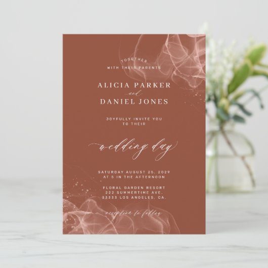 Elegant minimalist boho terracotta fotobruiloft kaart (Staand voorkant)