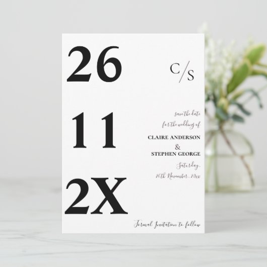Elegant Minimalist Bold Font Black White Wedding Save The Date (Staand voorkant)